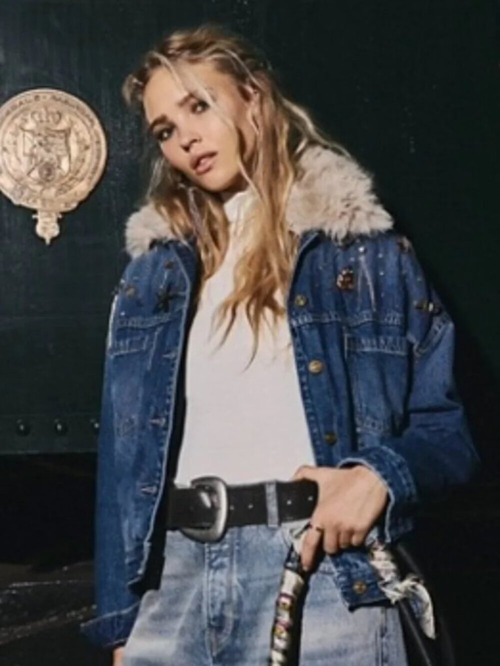 Free People Opal Swing Denim Jacket REMOVABLE Faux Fur Collar NWT XL - Picture 2 of 14